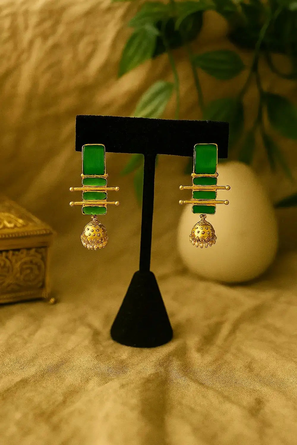Emerald Bar Drop Earrings with Jhumka & Pearl