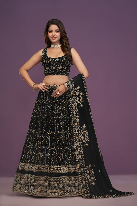 Embroidered Georgette Black Party Wear Lehenga Choli