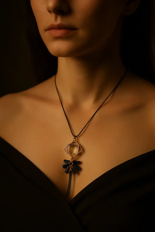 Geometric Crystal Pendant Necklace with Black Tassels