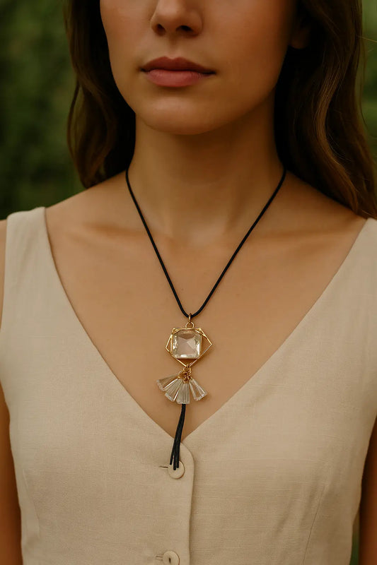 Geometric Crystal Pendant Necklace with Tassels