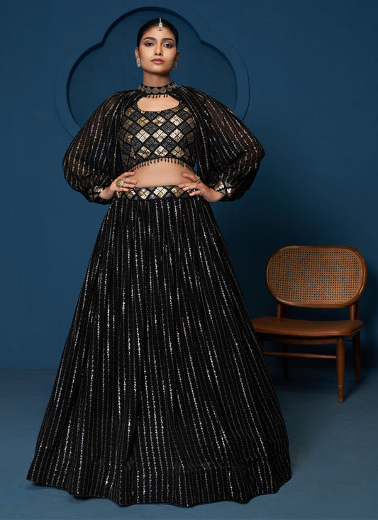 Georgette Black Crop Top Skirt With Choker Sleeves