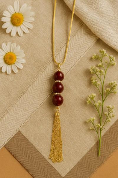 Gold Tassel Pendant Necklace with Maroon Beads