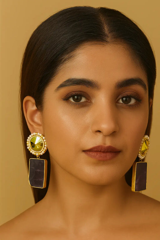 Golden Crystal & Raw Stone Drop Earrings for Women