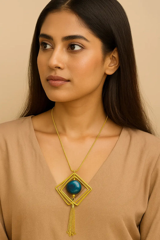 Golden Geometric Blue Pendant Tassel Necklace