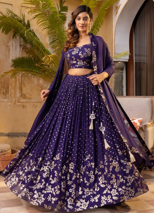 Embroidered Georgette Purple Lehenga Choli For Women