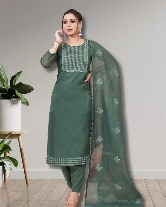 Green Cotton Salwar Suit with Mogha Work Dupatta