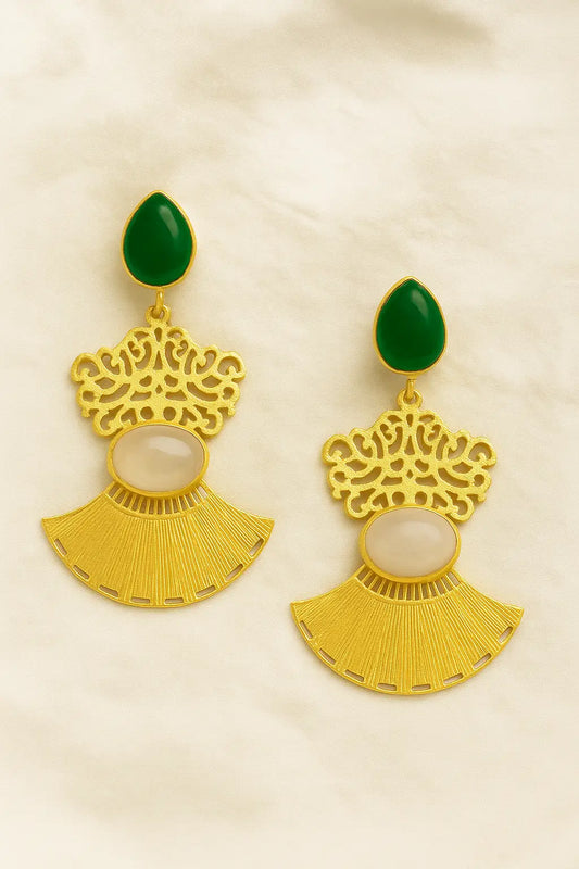 Green & Gold Fan-Shaped Filigree Earrings for Women
