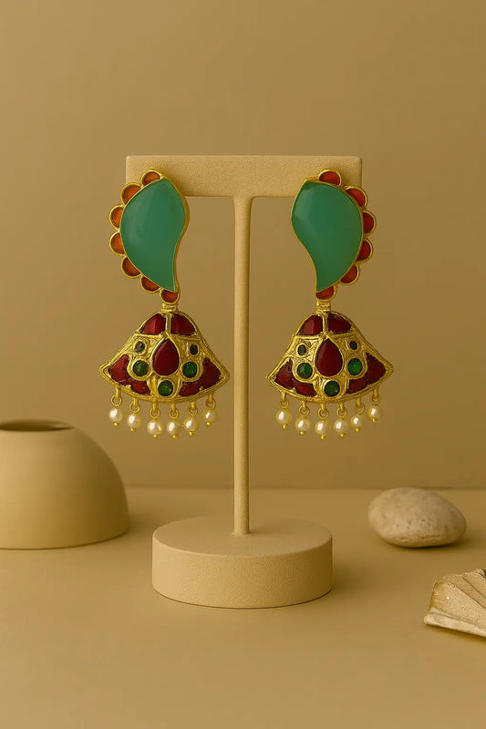 Green & Maroon Enamel Dangle Earrings for Women