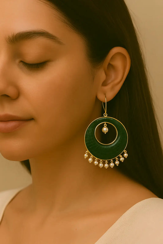 Green Enamel Hoop Earrings with Pearls for Women