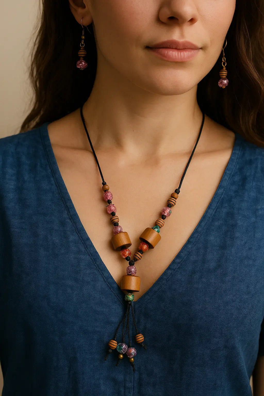 Handcrafted Wooden Bead Necklace Set