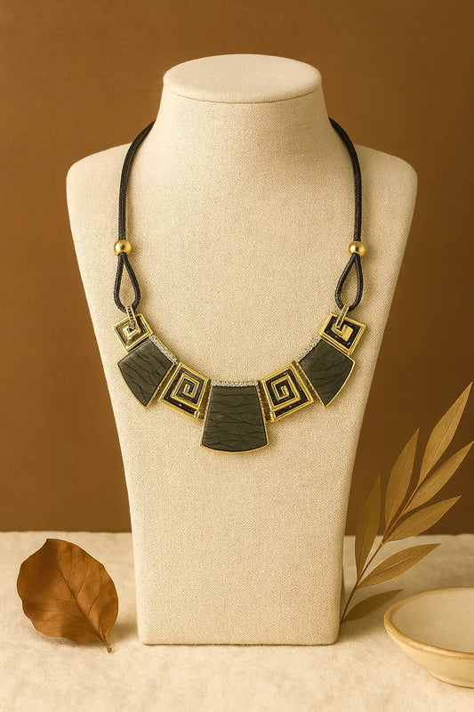 Black Terracotta Square Motif Necklace – Handmade