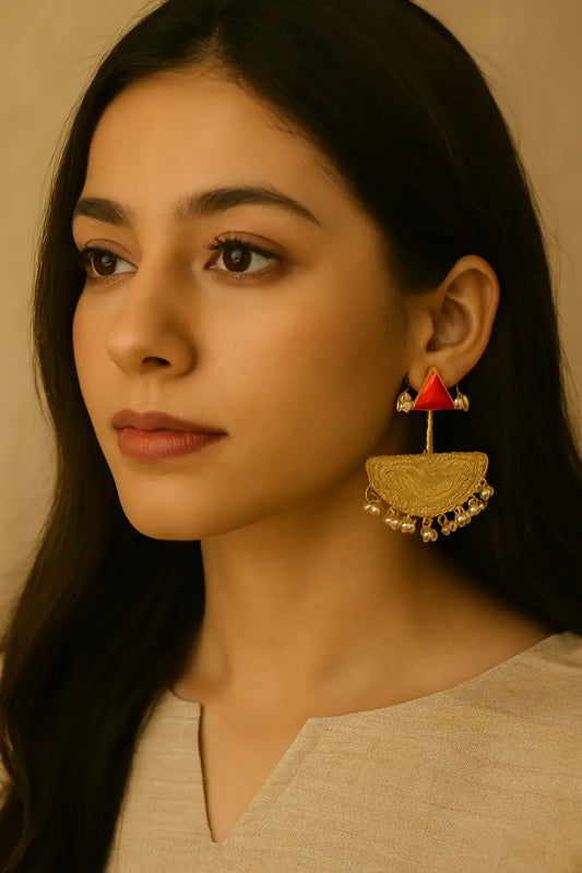 Heritage Red & Gold Dome Earrings with Pearl Drops