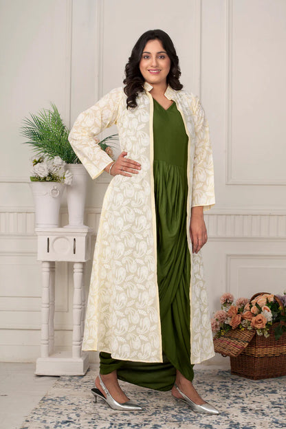 Olive Grace Draped Dress with Chikankari Jacket