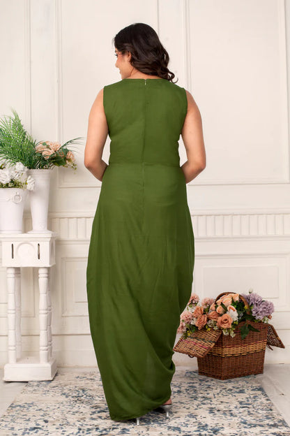 Olive Grace Draped Dress with Chikankari Jacket