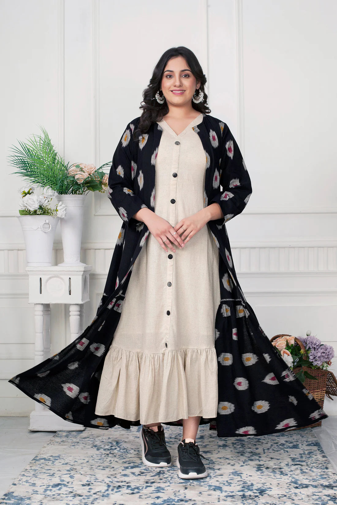 Ikat Elegance Black Jacket Dress for Women