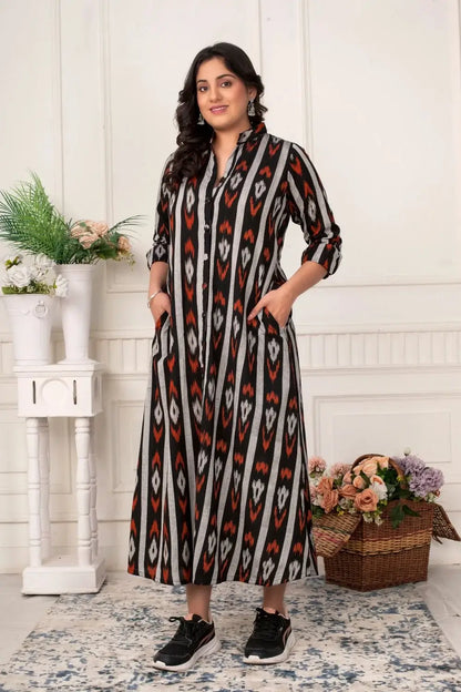 Black Ikat Shirt Dress