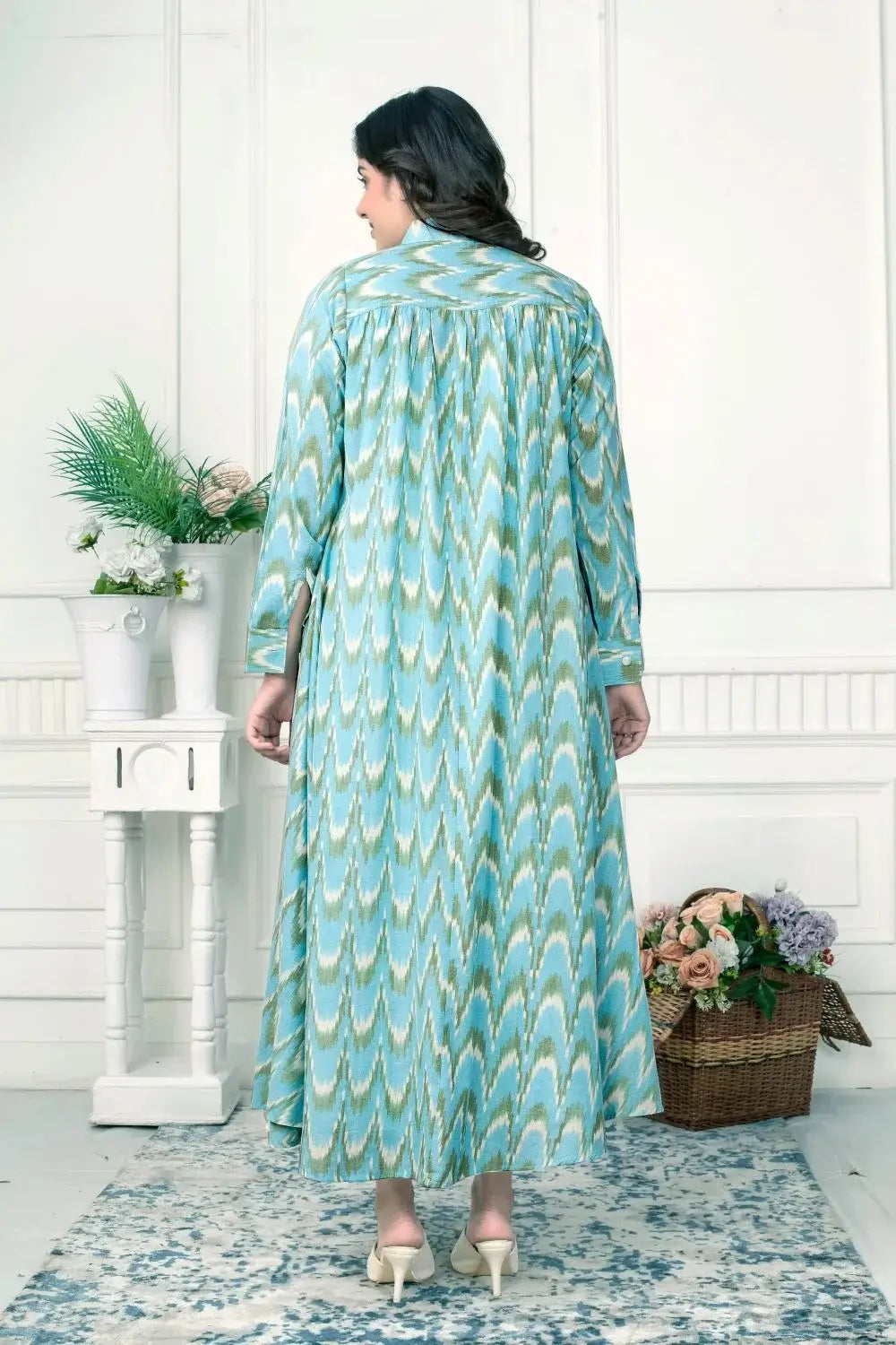 Aqua Blue Ikat Handloom Jacket Dress