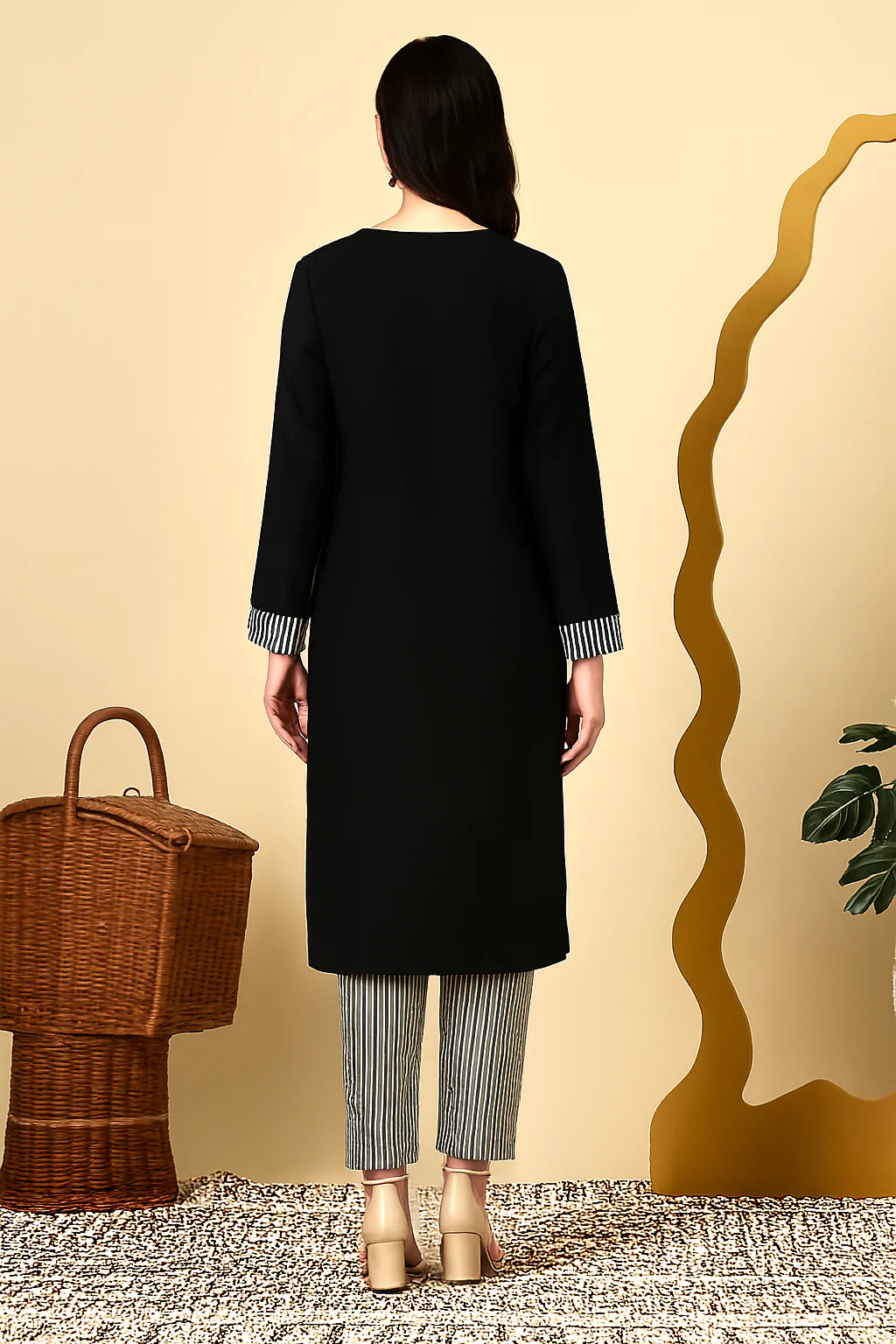 Black Kurta with Striped Pants for Women