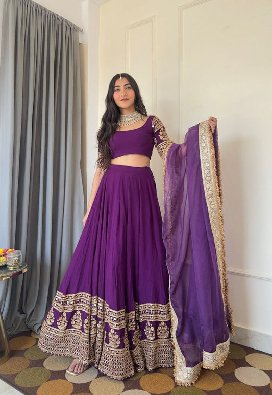 Embroidered Georgette Purple Lehenga Choli Set