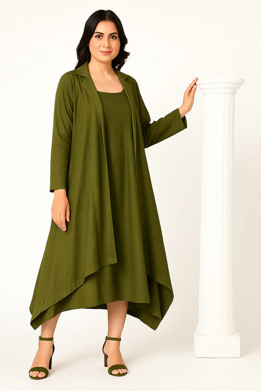 Olive green asymmetrical hem linen dress with relaxed fit