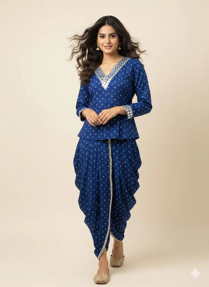 Mirror-Work Dhoti Co-Ord Set with V-Neck Top