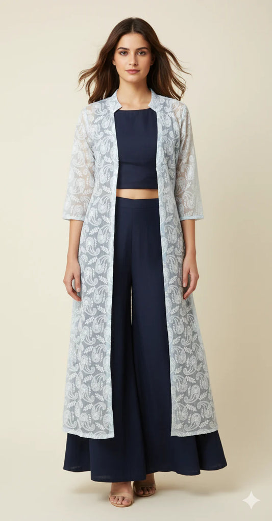 Navy Blue Palazzo Set with Chikankari Jacket