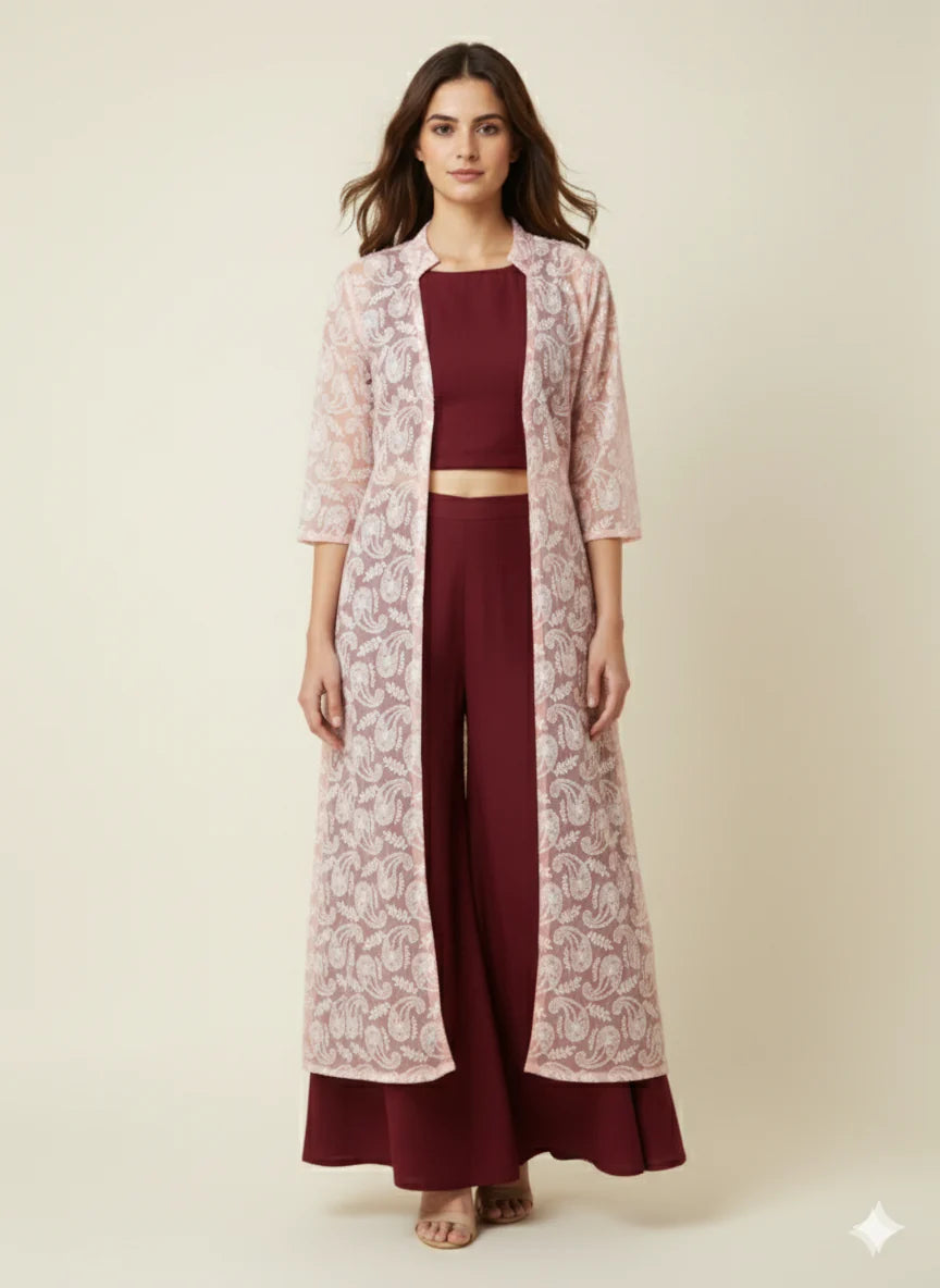 Wine Palazzo Set with Chikankari Jacket