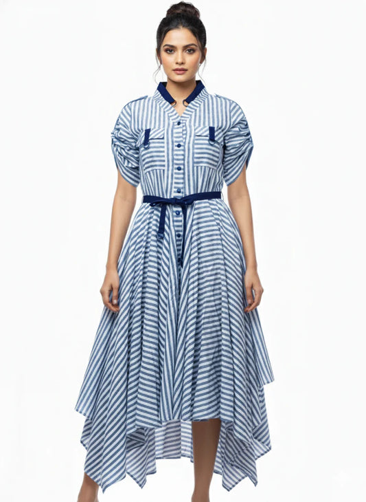 Blue and White Stripe Linen Handkerchief Dress