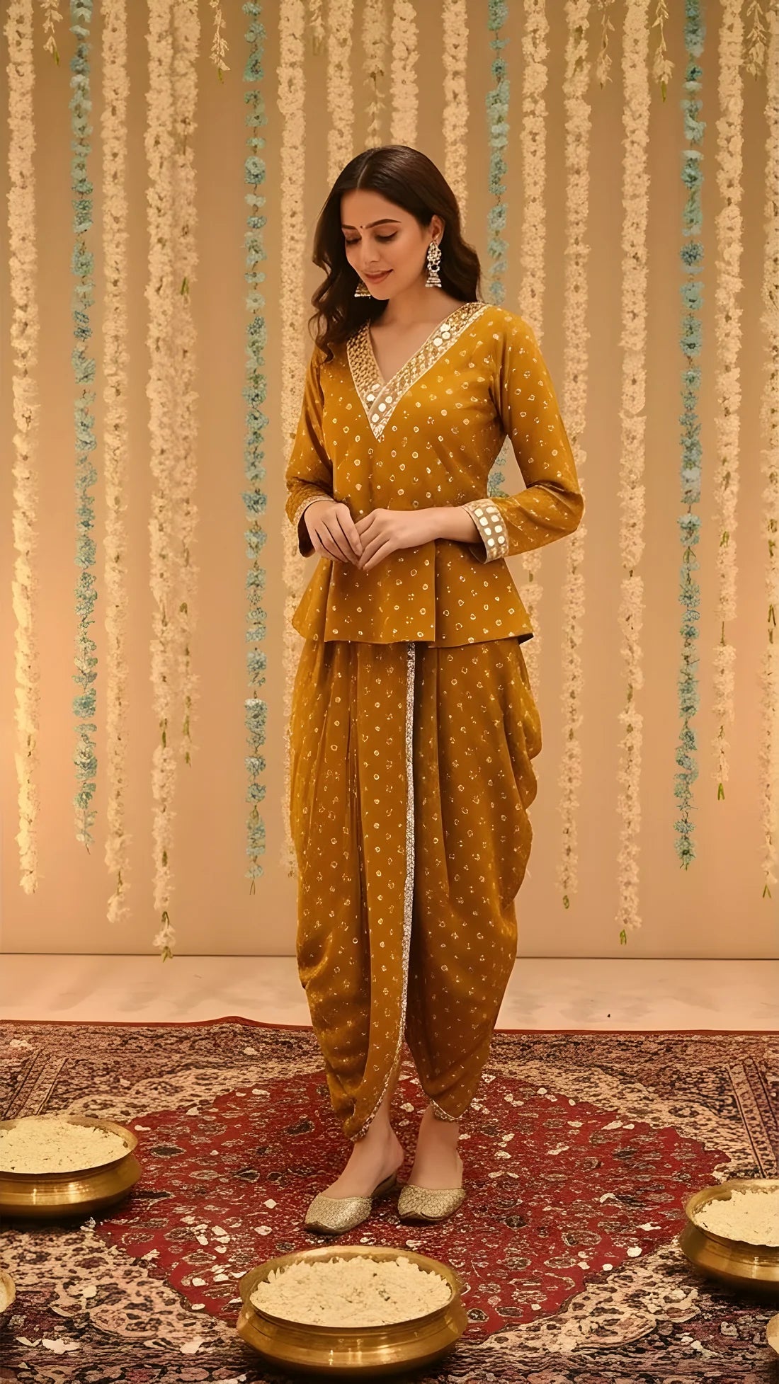 Mirror-Work Dhoti Co-Ord Set with V-Neck Top