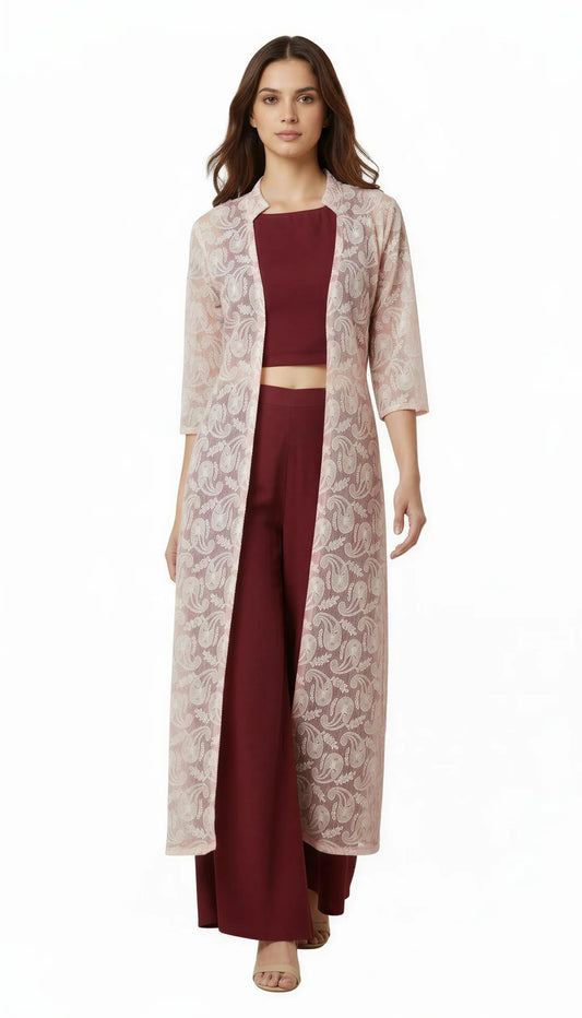Wine Palazzo Set with Chikankari Jacket
