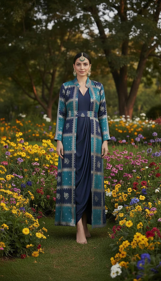 Blue Cowl Dress with Gold Embodied Jacket