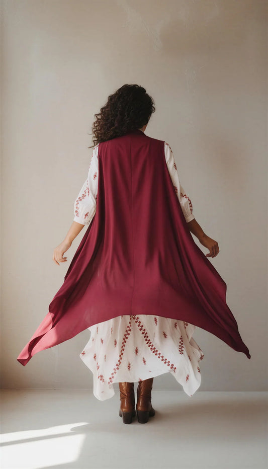 Ivory Embroidered Asymmetric Dress With Maroon Jacket