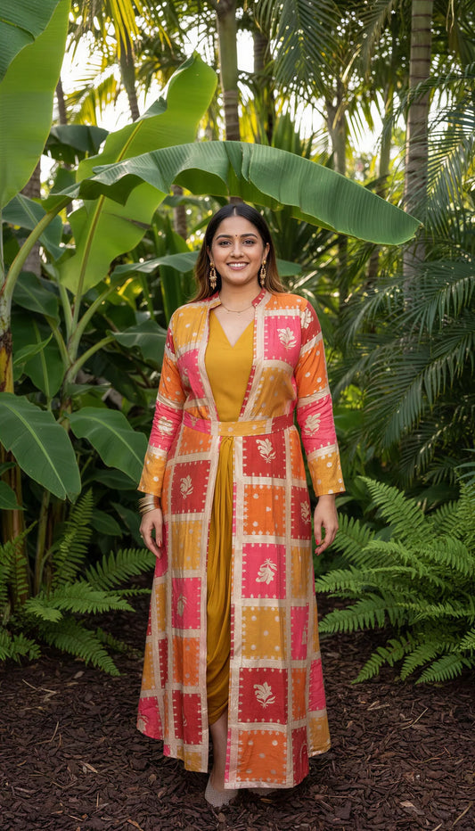 Mustard Cowl Dress with Golden Embedded Jacket
