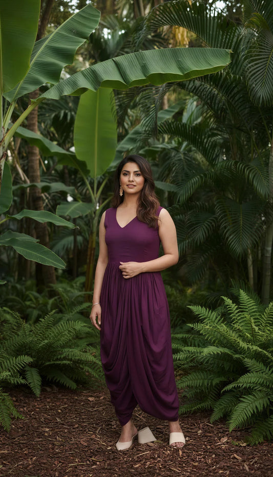 Wine Cowl Dress with Gold Embodied Jacket