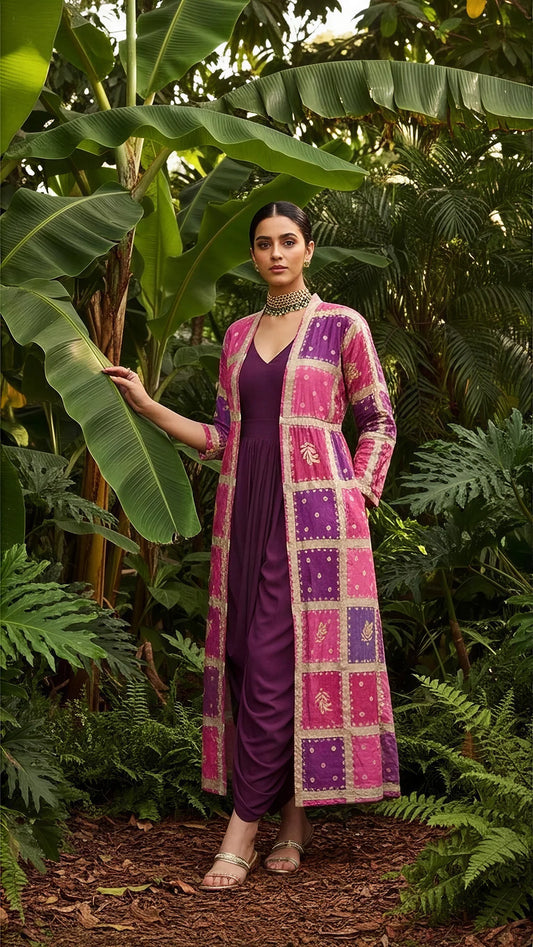 Wine Cowl Dress with Gold Embodied Jacket