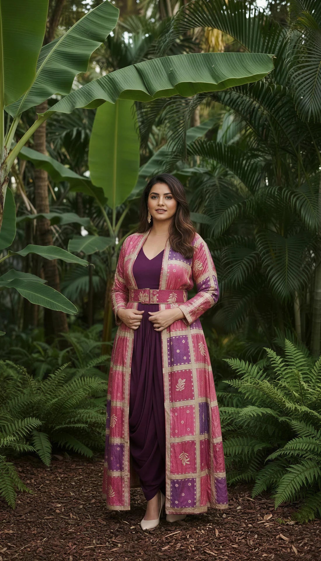 Wine Cowl Dress with Gold Embodied Jacket