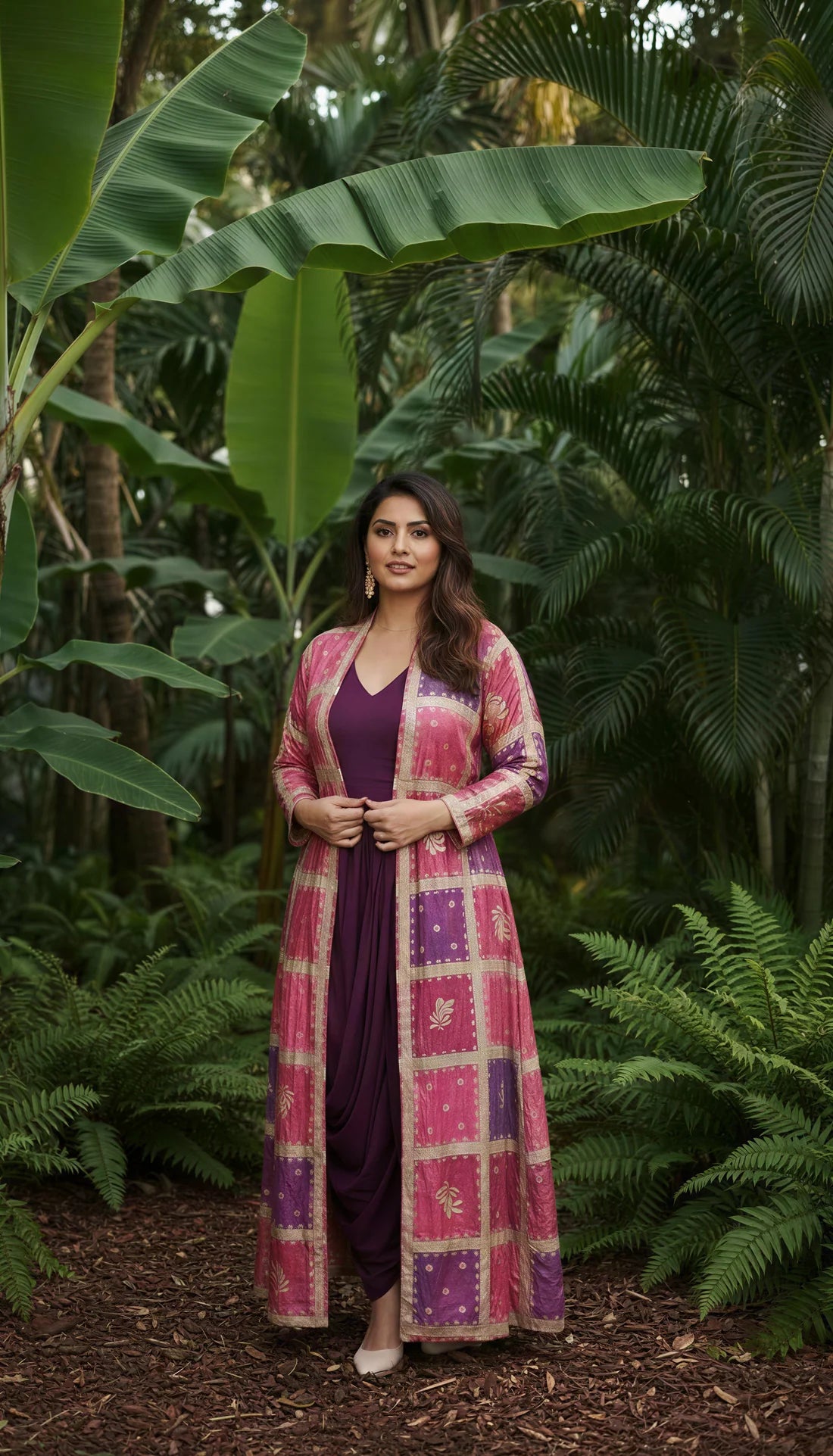 Wine Cowl Dress with Gold Embodied Jacket