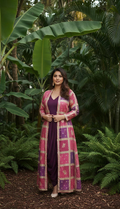 Wine Cowl Dress with Gold Embodied Jacket