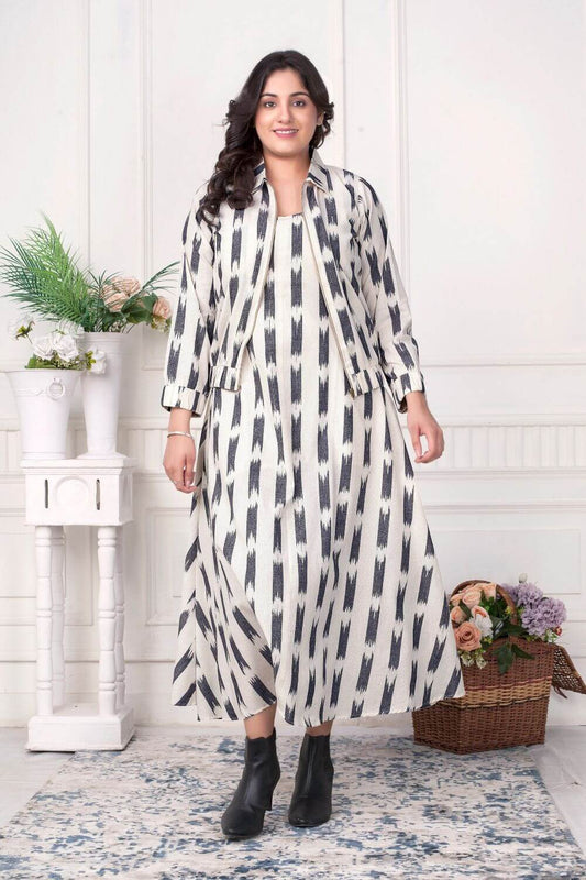 Ikat handloom dress with zipper jacket set