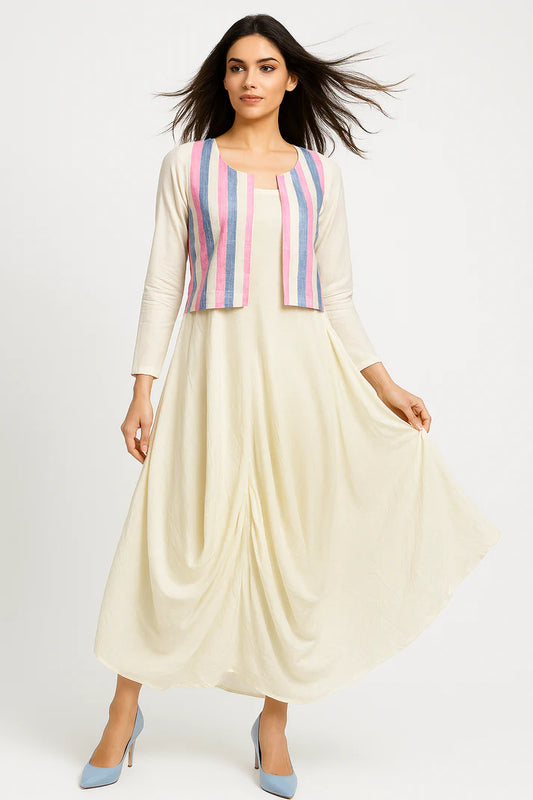 Ivory Cowl Dress with Striped Sleeveless Jacket