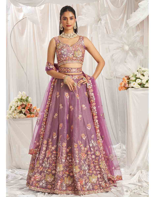 Embroidered Lavender Organza Lahenga Choli