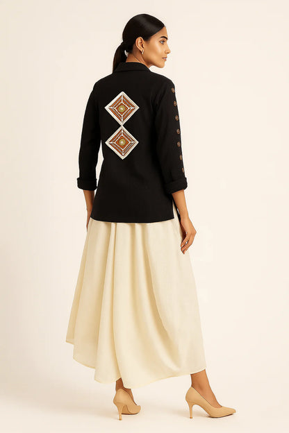 Moonlight Flow Black & Ivory Linen Co-Ord Set for Women