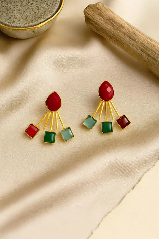 Multi-Stone Fan Earrings – Red, Emerald & Sapphire