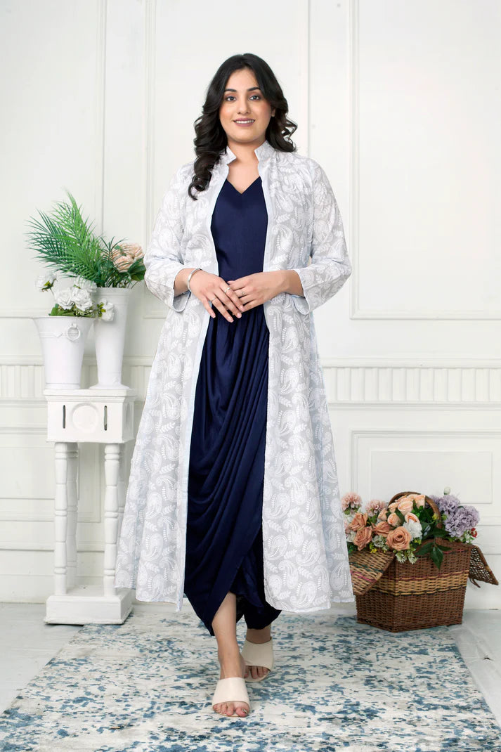 Navy blue draped dress with Chikankari jacket