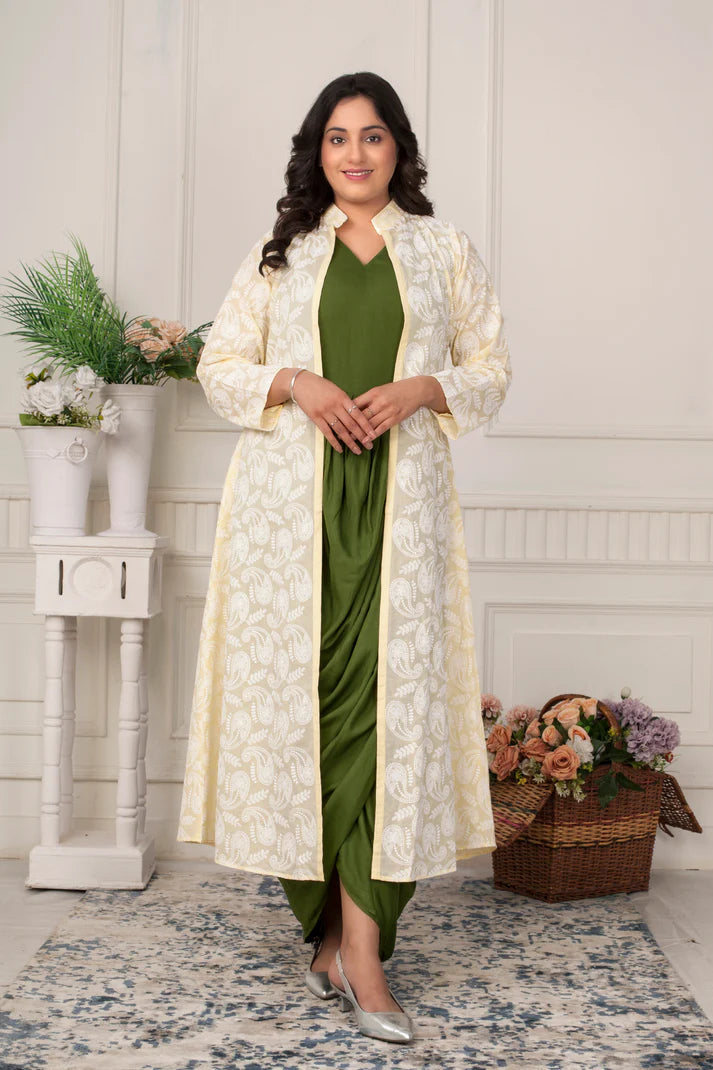 Olive grace draped dress with Chikankari jacket