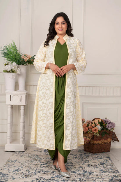 Olive grace draped dress with Chikankari jacket
