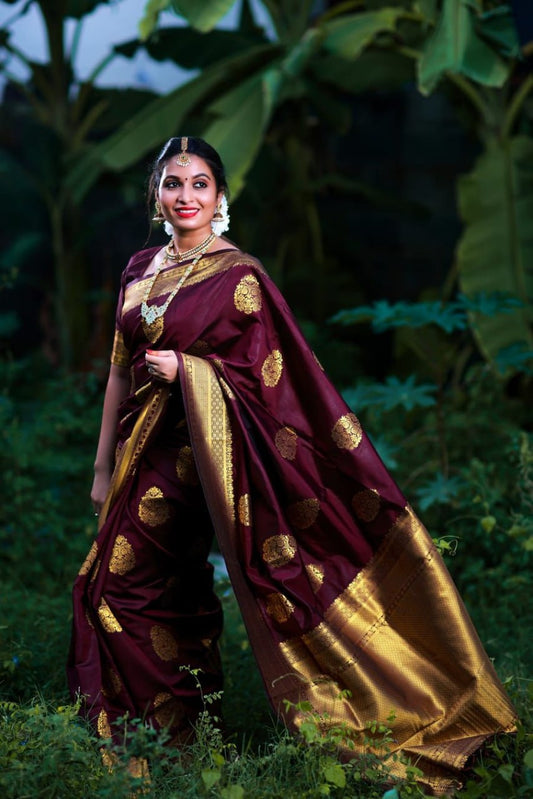 Wine Soft Lichi Silk Jacquard Saree