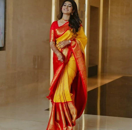 Orange & Yellow Contrast Soft Lichi Silk Saree