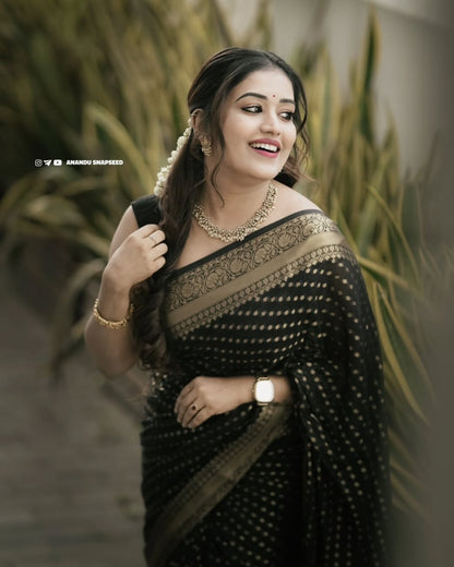 Black Soft Lichi Silk Jacquard Saree