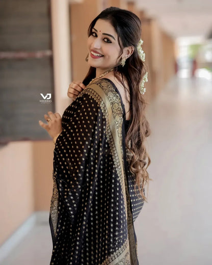 Black Soft Lichi Silk Jacquard Saree